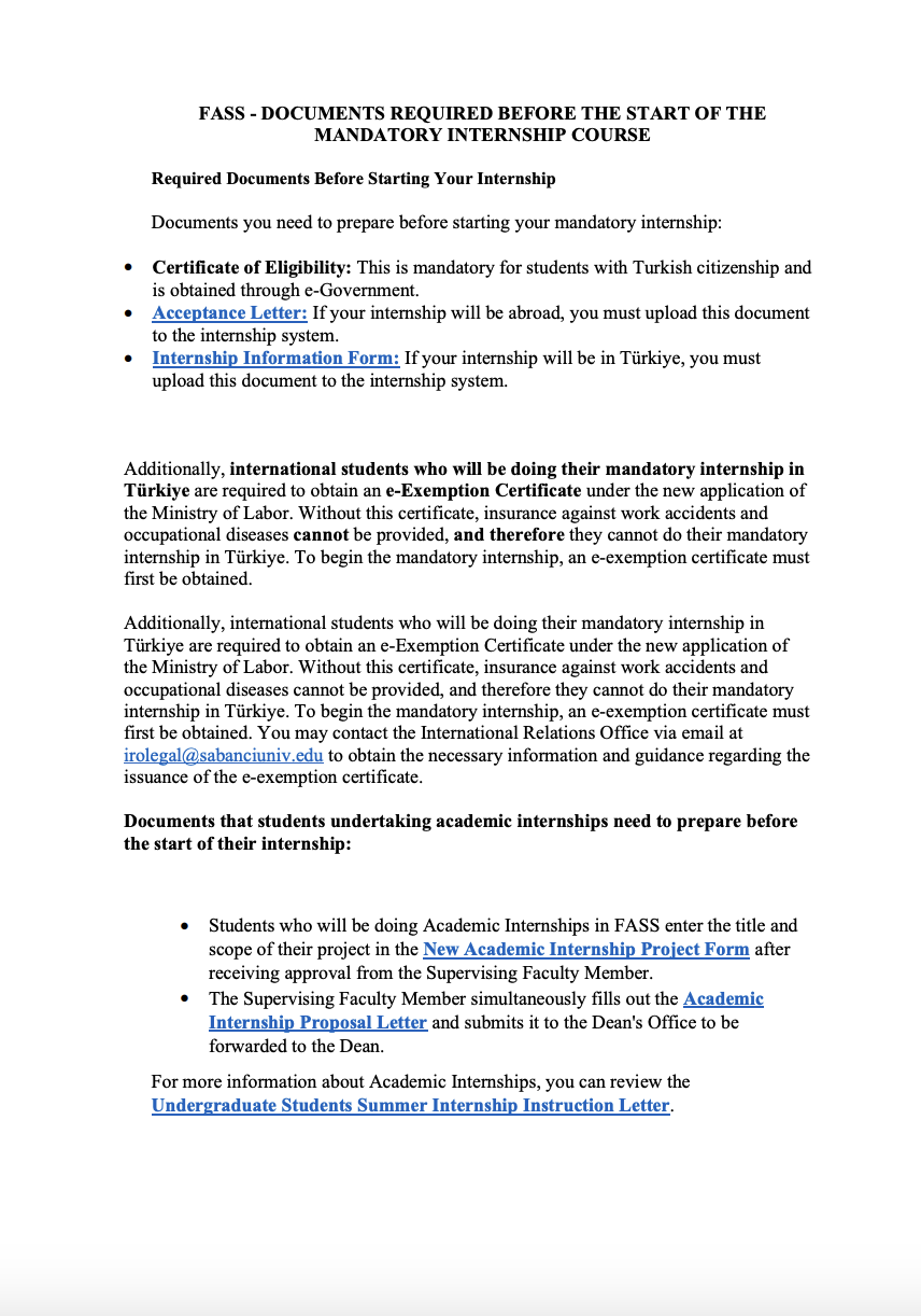 Document Required Before the Start of the Mandatory Internship