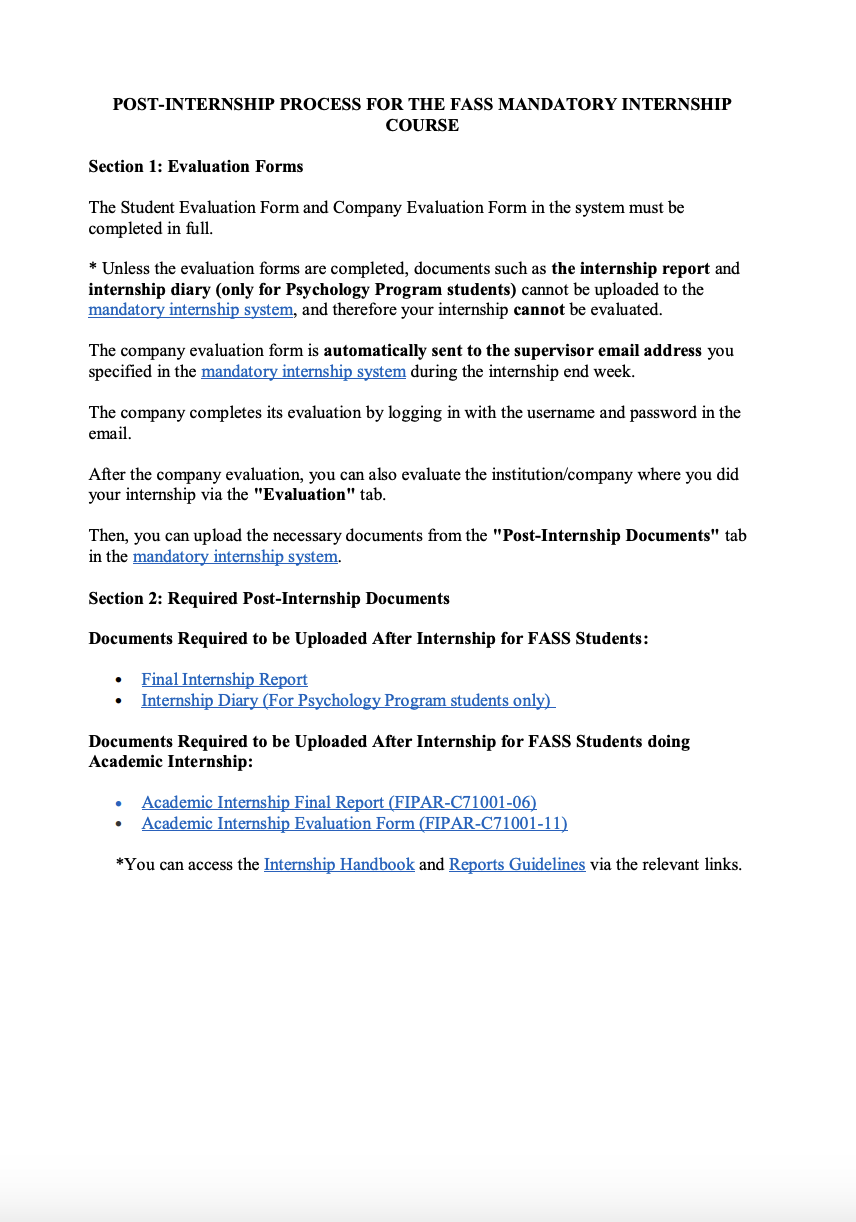 POST-INTERNSHIP PROCESS FOR THE FASS MANDATORY INTERNSHIP COURSE