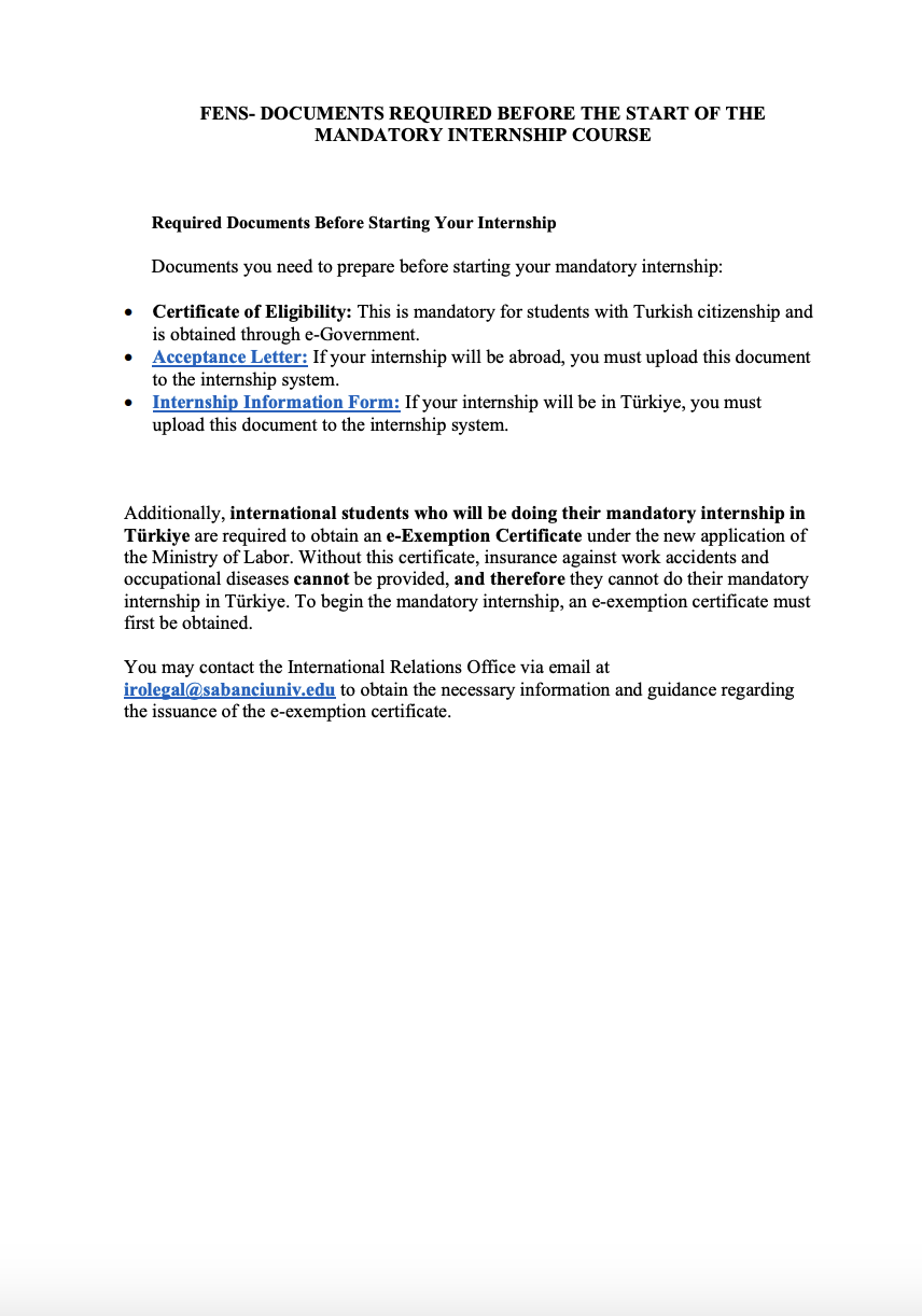 Documents Required Before the Start of the Mandatory Internship