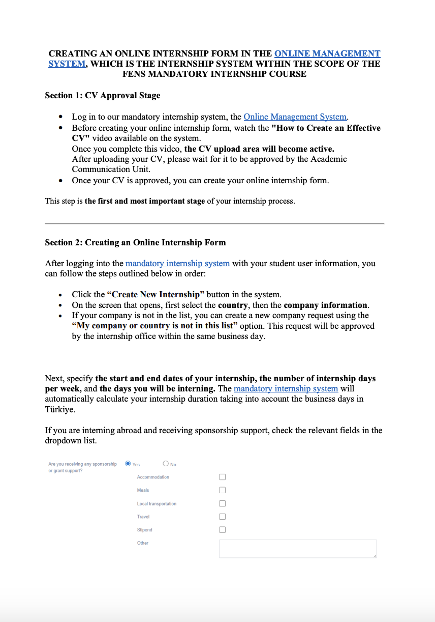 Creating an Online Internship Form in the Online Management 
