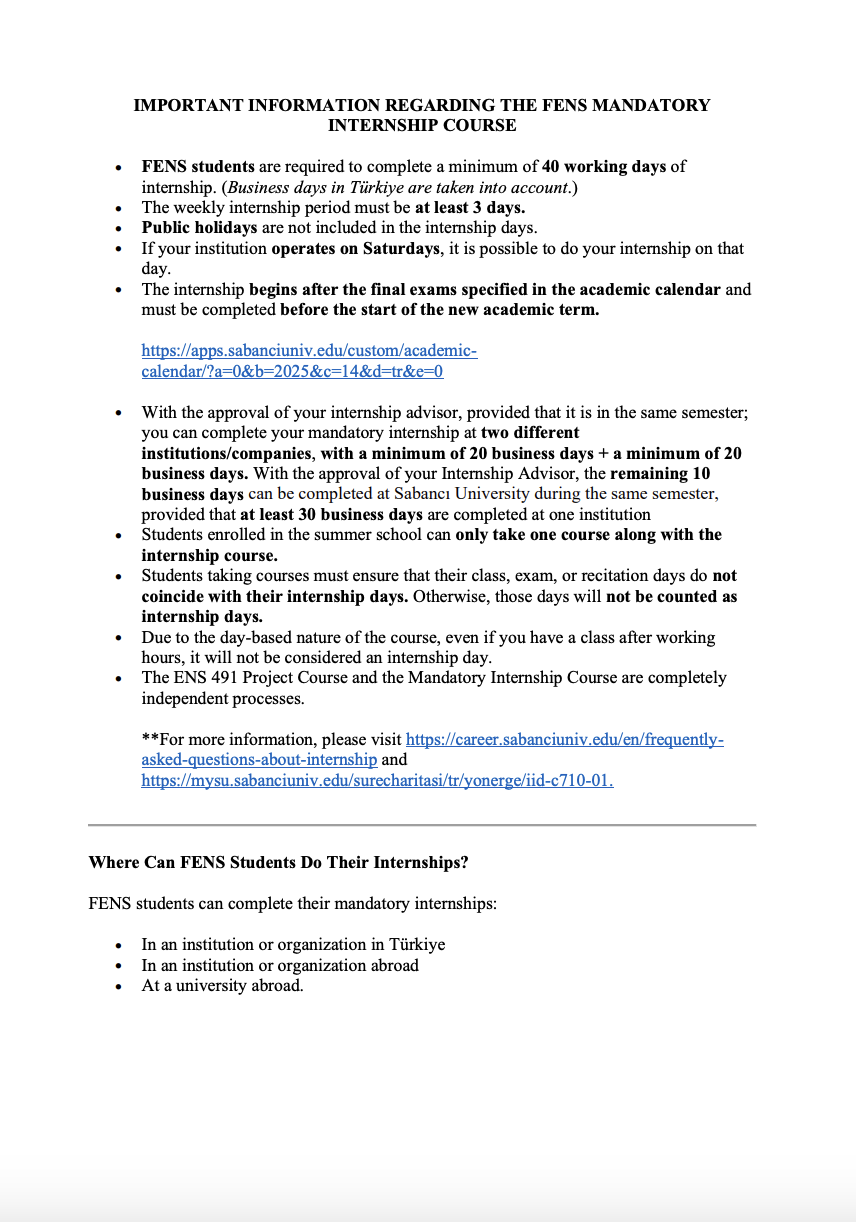 Important Information Regarding the Mandatory Internship