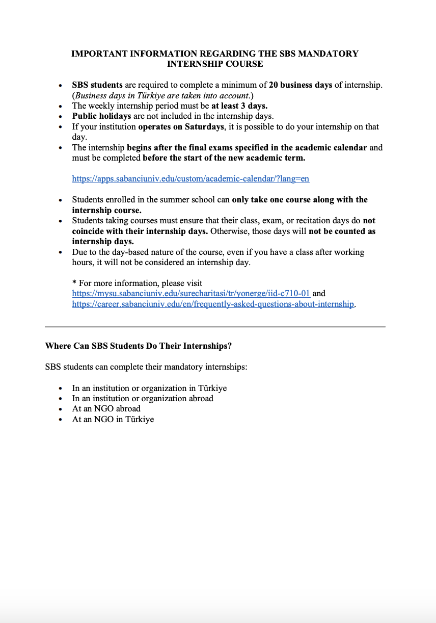 Important Information Regarding the Mandatory Internship