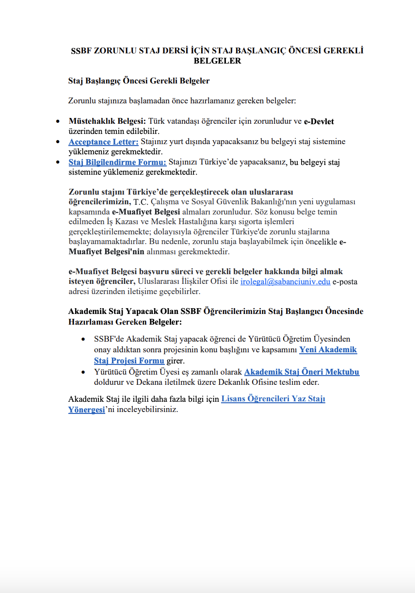 Zorunlu Staj Başlangıç Öncesi Gerekli Belgeler