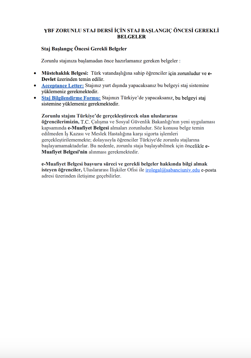 Zorunlu Staj Başlangıç Öncesi Belgeler