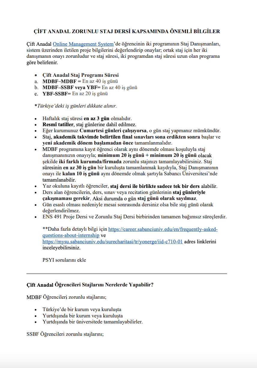 Zorunlu Staj Kapsamında Önemli Bilgiler