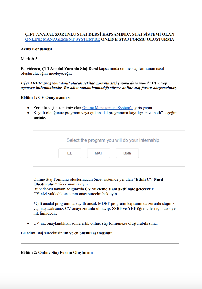 Yaz Okulu Dahil_Online Staj Formu Oluşturma